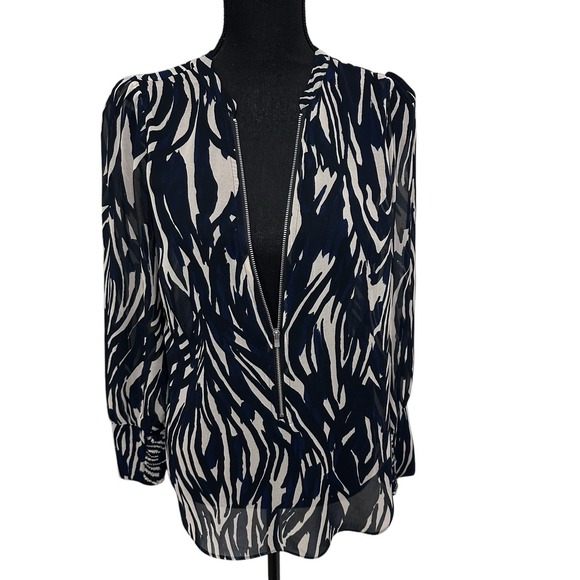 Mint Velvet Zebra Print Sheer Blouse With Zipper Black Cream Blue Women's Size 4 - Picture 4 of 9